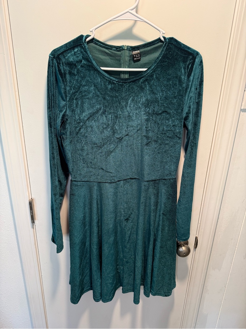 SHEIN Teal Green Velvet Long-Sleeve Skater Dress